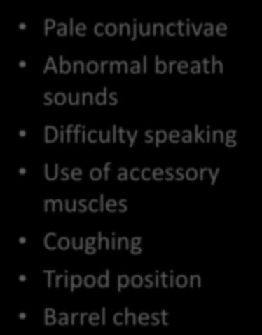 Irregular breathing Cyanosis Pale conjunctivae Abnormal breath sounds