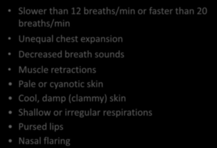 Signs of Inadequate Breathing Slower than 12 breaths/min or faster than 20 breaths/min Unequal chest expansion Decreased breath