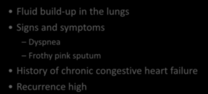 Acute Pulmonary Edema Fluid build-up in the lungs Signs and symptoms Dyspnea