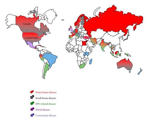Global Cases/Outbreaks: Global distribution map of cryptosporidiosis cases reported in the literature (1998 2008) (6).
