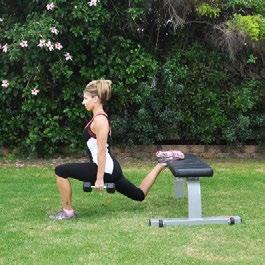 DB Bulgarian Split Squat NOTE: Start without dumbbells until you master this exercise! Preparation: Place one foot well in front of the other with your rear foot on a bench.