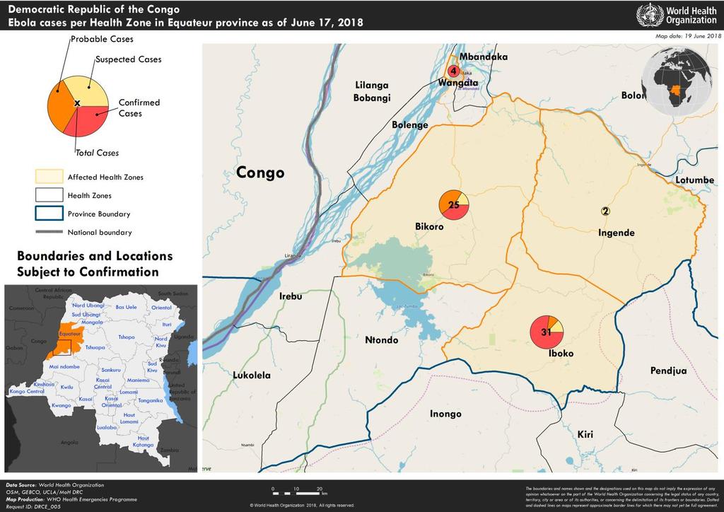 Figure 3: Geographical distribution of the Ebola virus disease cases in Equateur Province, Democratic Republic of the Congo, 17 June 2018 The province of Equateur covers an area of 130 442 km 2 and