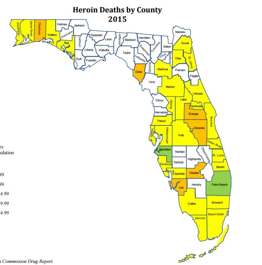 HEROIN DEATHS BY COUNTY According to the Florida Medical Examiner s Office, in 2015, Palm Beach County had a higher