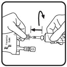 5. Close roller clamp of the administration set. Insert the spike until the clear plastic collar of the port meets the shoulder of the spike. 6.
