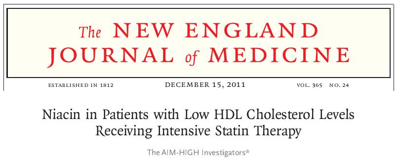 Naicin: AIM-HIGH Trial Established CVD All patients received simvastatin to maintain LDL-C 40~80 mg/dl ER