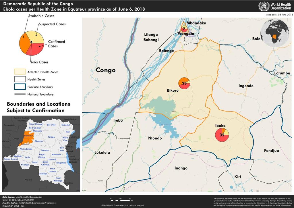 Figure 3: Geographical distribution of the Ebola virus disease cases in Equateur Province, Democratic Republic of the Congo, 6 June 2018 The province of Equateur covers an area of 130 442 km 2 and