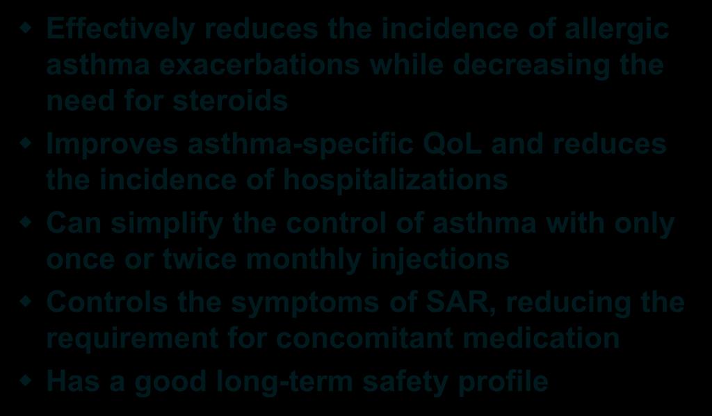 Conclusion Benefits of Anti-IgE in atopic disease E-26 Effectively reduces the incidence of allergic asthma exacerbations while decreasing the need for steroids Improves asthma-specific QoL and