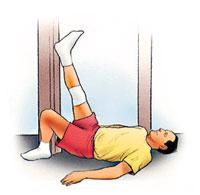 With your knee bent, move your hips toward the wall. Now begin to straighten your knee. When you feel the tightness behind your knee, hold for 5 seconds. Relax. Repeat with the other leg.