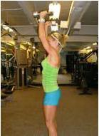 Be sure as you jump that you keep your elbows and the dumbbells in front of your body, not out to the side.