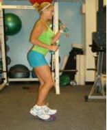 Gliding Side Lunge with Running Man Arms 20 Reps/Leg 3-10 Pound Dumbbells Begin by standing with only one foot on a gliding disc, holding a dumbbell