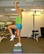 Hold a dumbbell at your shoulder in the hand on the same side as the raised knee.