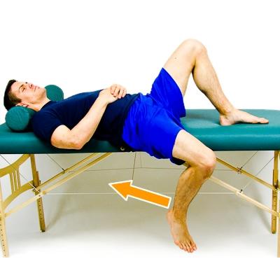 HIP FLEXOR STRETCH 3 While lying on a table or high bed, let the affected leg lower towards the floor