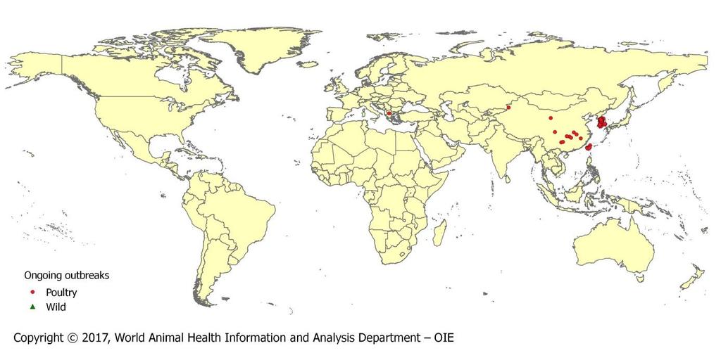 Figure 4. Map displaying the global distribution of on-going outbreaks of HPAI H5N6 in poultry and wild birds. Figure 5.