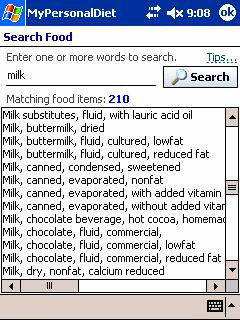 Searching food items Figure 10:The Favorite Food Items window lists all your favorite food, grouped by categories. You can search the food database by tapping the Search button.