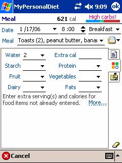 Figure 14: You can enter extra servings (in addition to the specific food items) when entering a meals. This is especially useful when eating a meal composed of a mix of various foods.
