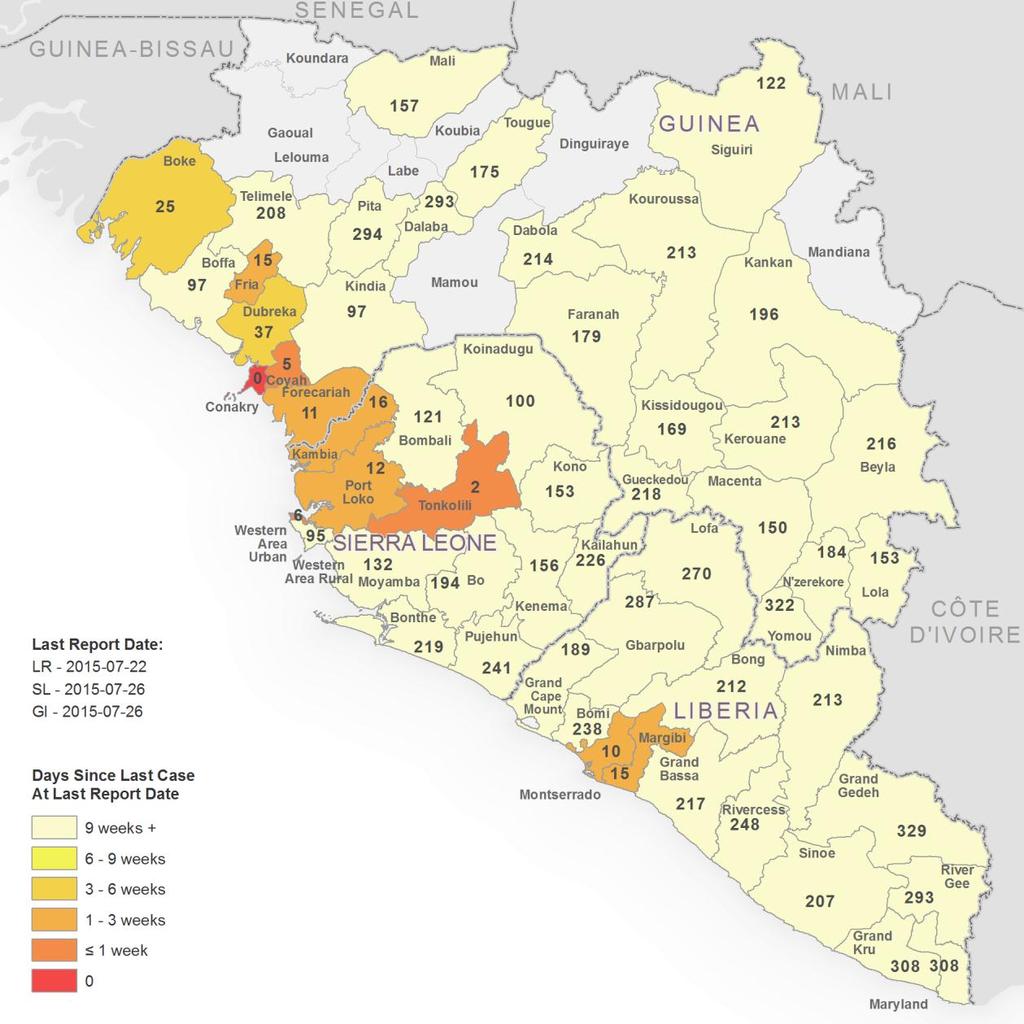 Figure 6: Days since last confirmed case in Guinea, Liberia, and Sierra Leone The boundaries and names shown and the designations used on this map do not imply the expression of any opinion
