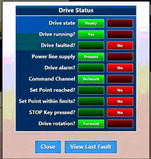 Status 1. On the Idle or Login HMI screen, click the Status button in the VFD Management section. A Drive Status screen gives a red or green light for the drive status in various categories.