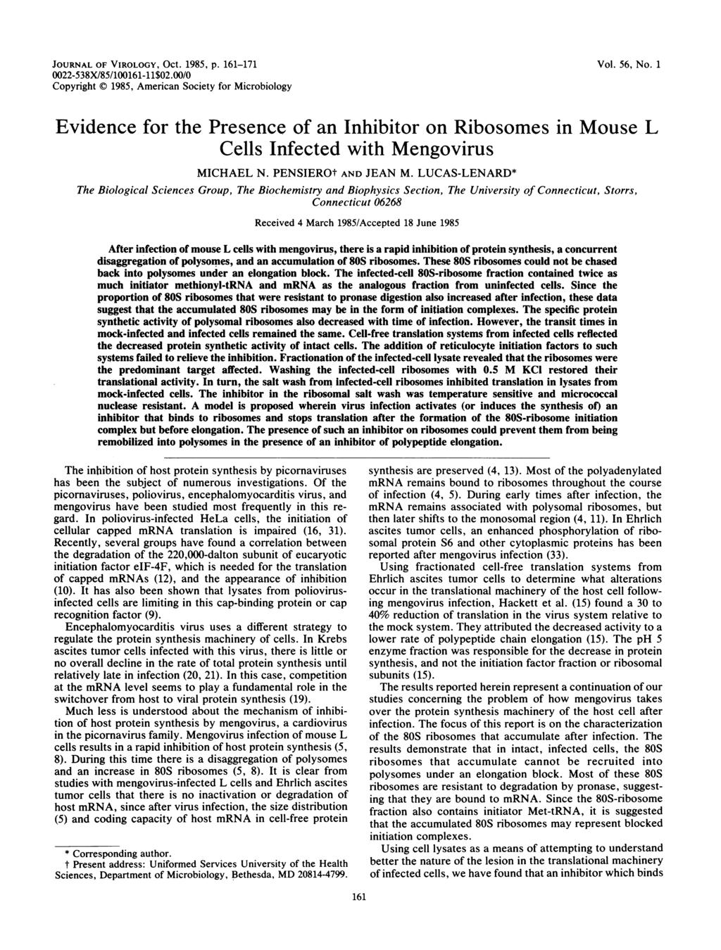 JOURNAL OF VIROLOGY, OCt. 1985, p. 161-171 22-538X/85/1161-11$2./ Copyright 1985, American Society for Microbiology Vol. 56, No.