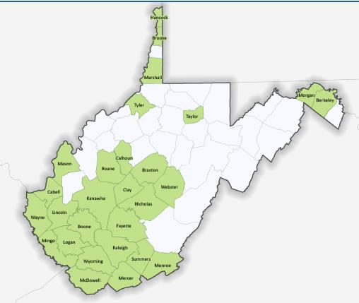 West Virginia Counties at Risk for HIV and/or Hepatitis C Outbreak 28 of 220 high-risk counties are in WV