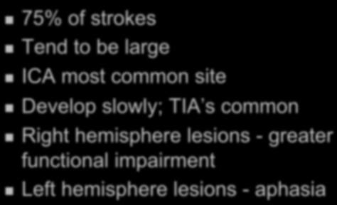 Thrombosis Effects 75% of strokes Tend to be large ICA most