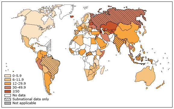 Percentage of previously treated TB patients with MDR-TB Global Tuberculosis Report 2013.