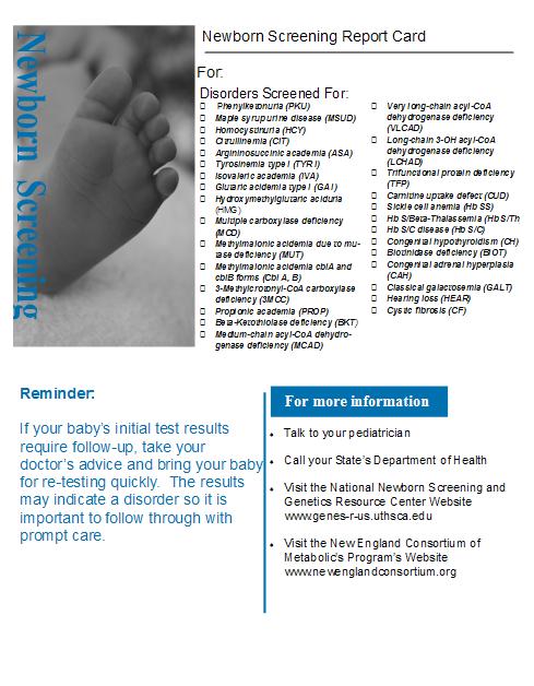 Card for Baby Book Showing Newborn Screening This card can be distributed during your discussion about newborn screening. It is to be used in a baby book.