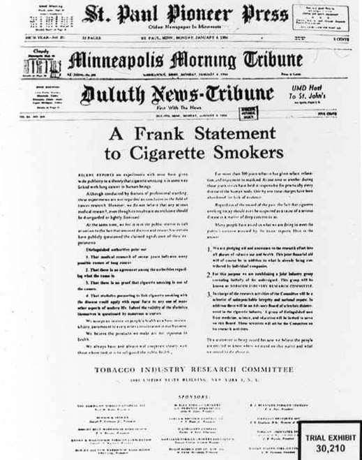 When: December 1953 In attendance: Tobacco executives, lawyers and an advertising firm. Purpose: Develop a strategy to confront scientific reports linking cigarettes to lung cancer.