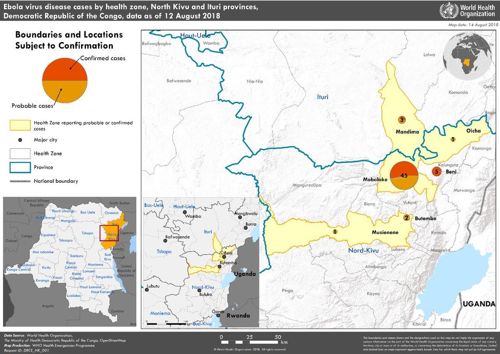 Figure 1: Geographical distribution of confirmed and probable Ebola virus disease cases in North Kivu and Ituri provinces, Democratic Republic of the Congo, 12 August 2018 Current risk assessment