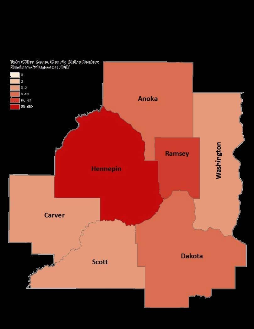 HIV Diagnoses * by County of Residence at Diagnosis, 2017 Seven-County Metro Area