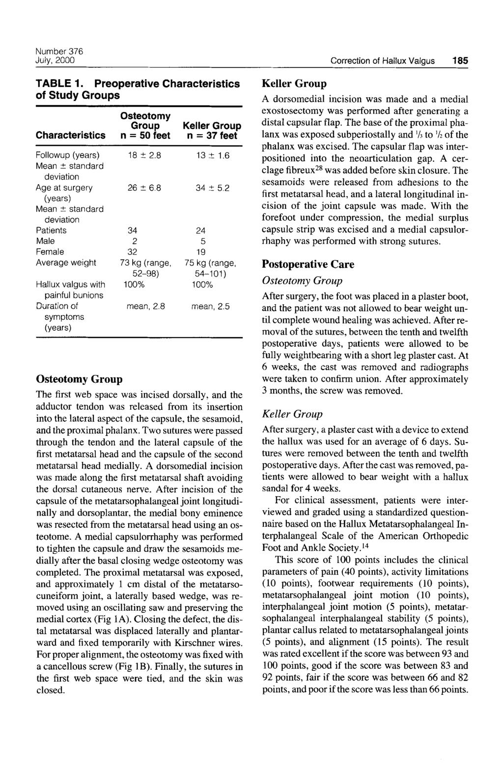 Number 376 July, 2000 Correction of Hallux Valaus 185 TABLE 1. Preoperative Characteristics of Study Groups Osteotomy Characteristics Group n = 50 feet Keller Group n = 37 feet Followup (years) Mean?