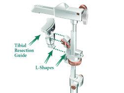 > Squeeze the bronze tabs on the Tibial Adjustment Housing and assemble the MIS Captured, MIS Uncaptured, or Standard Uncaptured Tibial Resection Guide with the resection surface facing up.