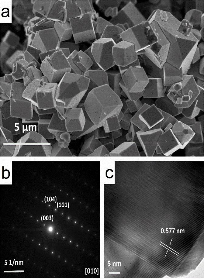 Figure S2. Scanning electron microscope (a), selected area electron diffraction (b), and highresolution transmission electron microscopy (c) images of CuFeO2 RCs.