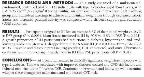 Look AHEAD Trial (Intensive Life-Style Intervention): 1 year