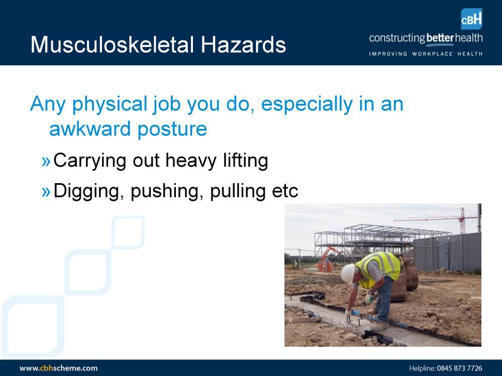 Musculoskeletal hazards include any job that you do that involves manually handling something like: Digging Pushing and pulling Not just lifting You can damage