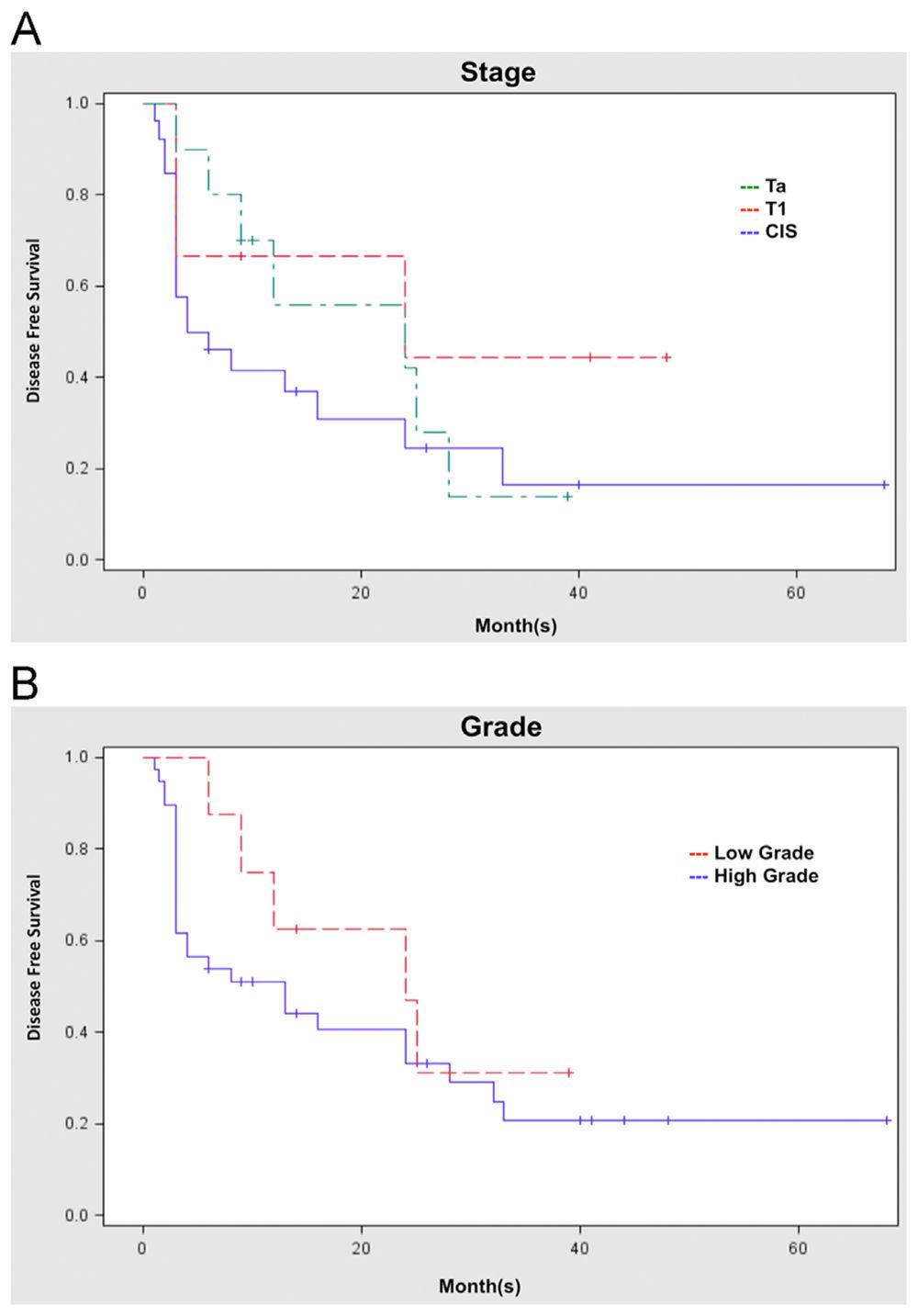 Lightfoot et al. Page 9 Fig. 2. Recurrence-free survival based on pathology. (A) RFS based on stage. CIS 58% CR, 38% 1-RFS, and 23% 2-RFS. Ta 90% CR, 50% 1-RFS, and 50% 2-RFS.