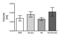 Figure 9: Effect of HA, cigarette smoke or the combined treatment on the organ volume of inflated mouse lungs. Mice received 50 µl PBS or 0.