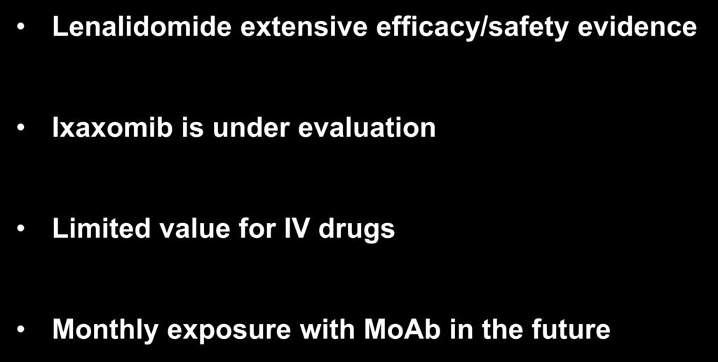 Conclusion Lenalidomide extensive efficacy/safety evidence Ixaxomib is under