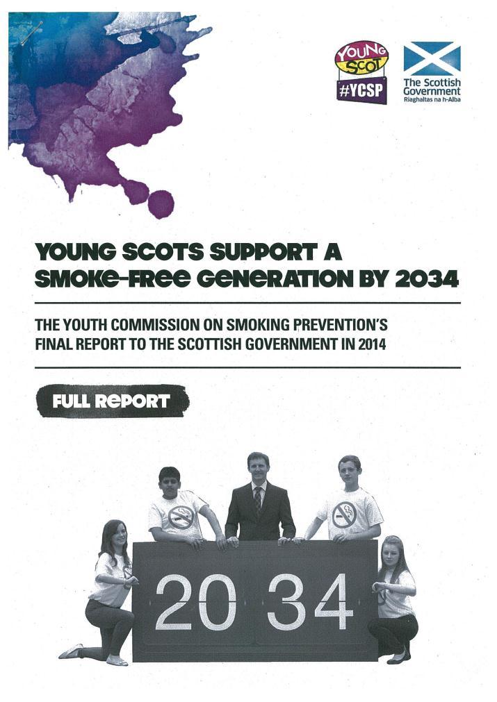Scottish Youth Commission on Smoking Prevention Some recommendations for action: standardised packaging ban smoking in cars increase age of sale to 21 in 2031 ban sales to people