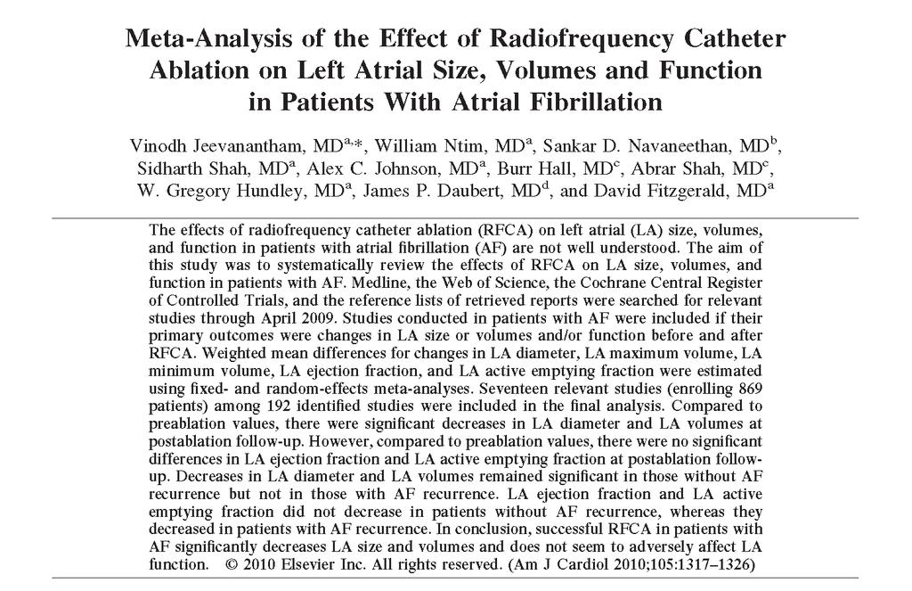 Effect of ablation on LA in AF Am J Cardiol 2010;105:1317 1326 Meta-analysis from 17
