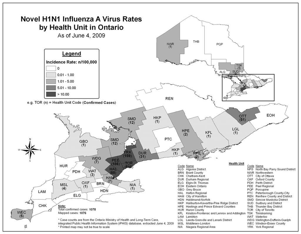 Map of confirmed cases The geographic spread of novel H1N1 Influenza A virus is now broader than the Greater Toronto Area (GTA).