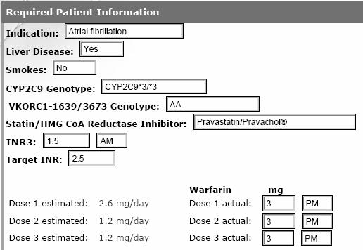 Case 2 No genetics at initiation Days after INR Dose (mg) warfarin 0 1.05 3 