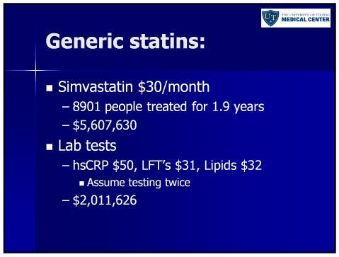 Generic statins: Simvastatin $30/month Generic statins: 8901 people treated for 1.