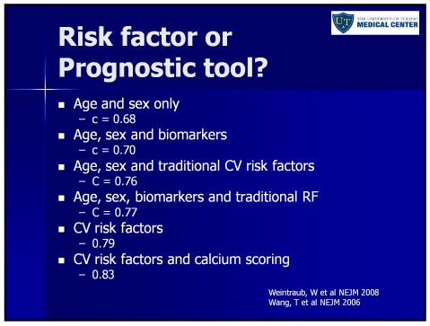 traditional CV risk factors Age, sex, biomarkers and traditional RF CV risk factors CV risk factors and calcium scoring c = 0.68 c = 0.70 C = 0.76 Relative risk of 9.