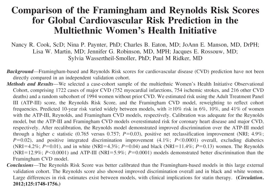 The Reynolds Risk Score was better calibrated than the Framingham model in this large external validation cohort.