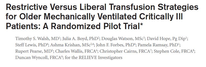 A large trial of transfusion strategies in older mechanically ventilated patients is feasible.