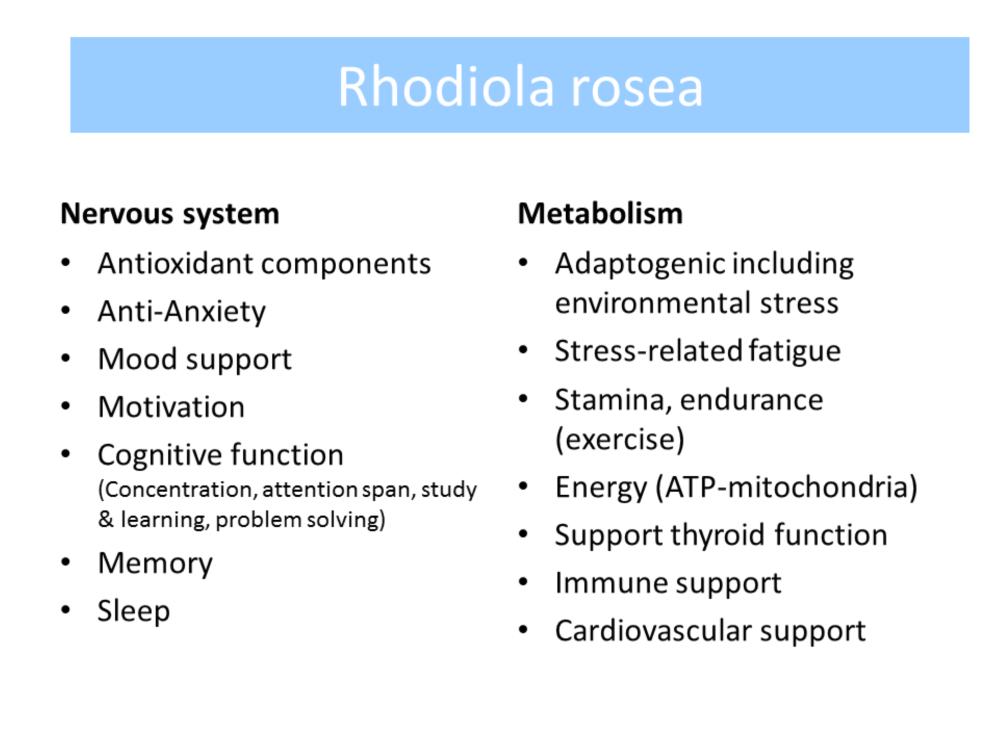 It is the strong antioxidant and adaptogenic properties of Rhodiola that account for the many actions it is known for but they fall into 2 main camps: the effect on the nervous system and metabolism.