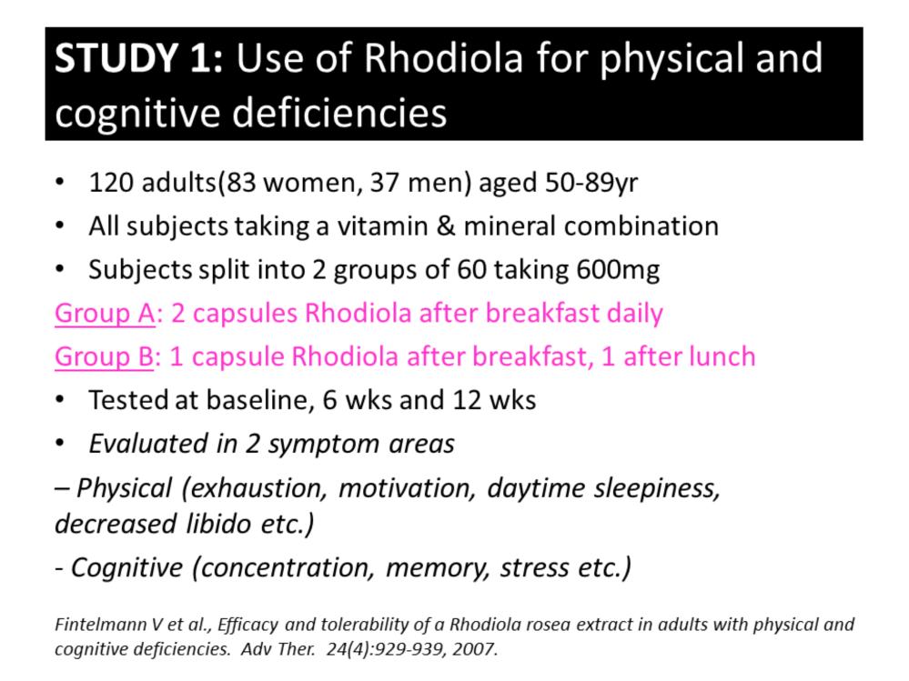 In this study 120 adults who were taking multivit and minerals were given 600mg rhodiola but they were split into 2 groups so that one was taking a single