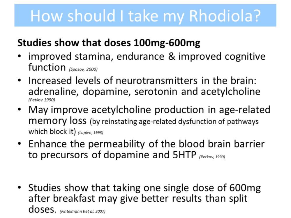 Studies show Rhodiola: supports the body during stress, supports energy stamina and endurance as well as cognitive function, memory and sleep that one single higher dose seems to be more