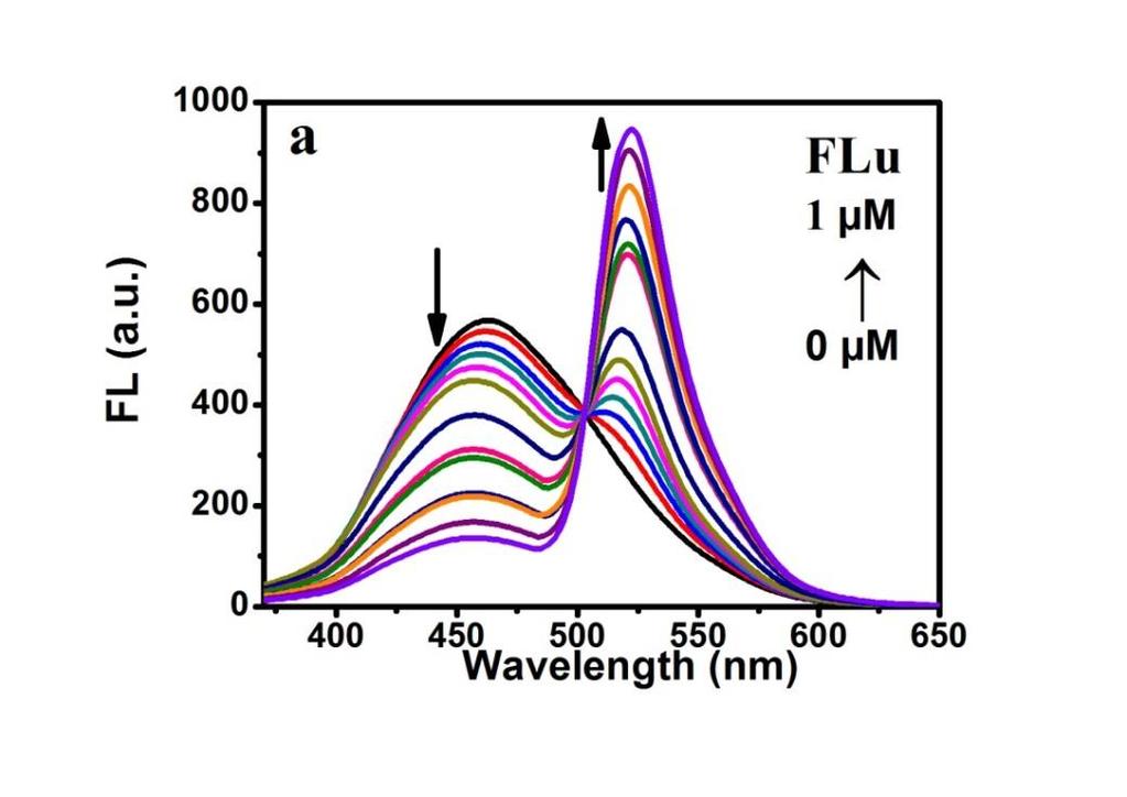Fig. S10 (a) Fluorescence spectra of TPE-N+ dots (30 M) in PBS containing 15% DMSO in the presence of different amounts of Flu (Flu represents fluorescein, namely the reaction product between FAD and