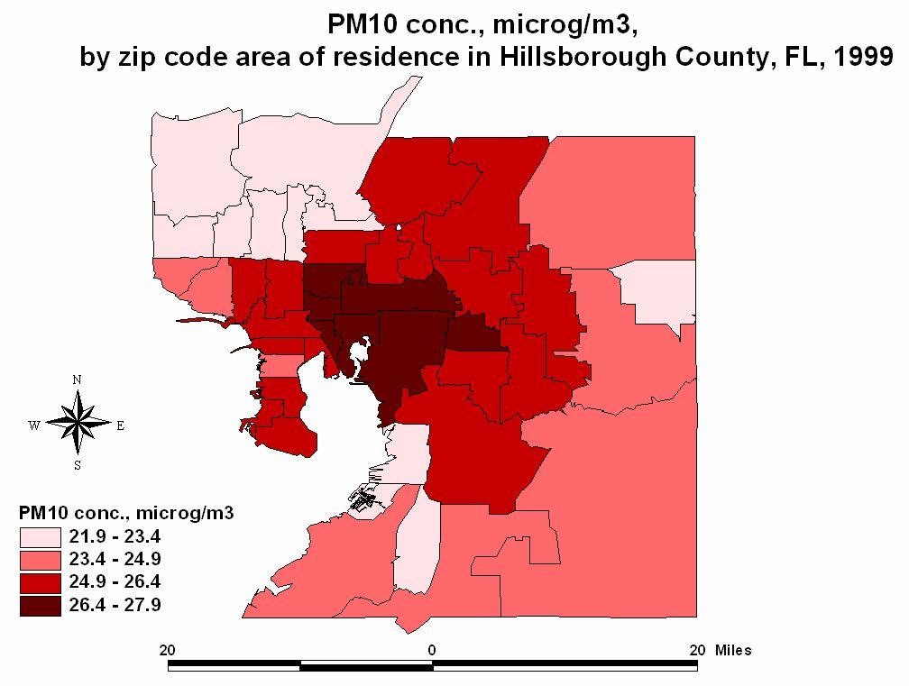 The average annual concentrations for particulate matter by geographical area of residence varied from minimum concentration of 22 µg/m 3 to maximum value of 28 µg/m 3 over the study area in